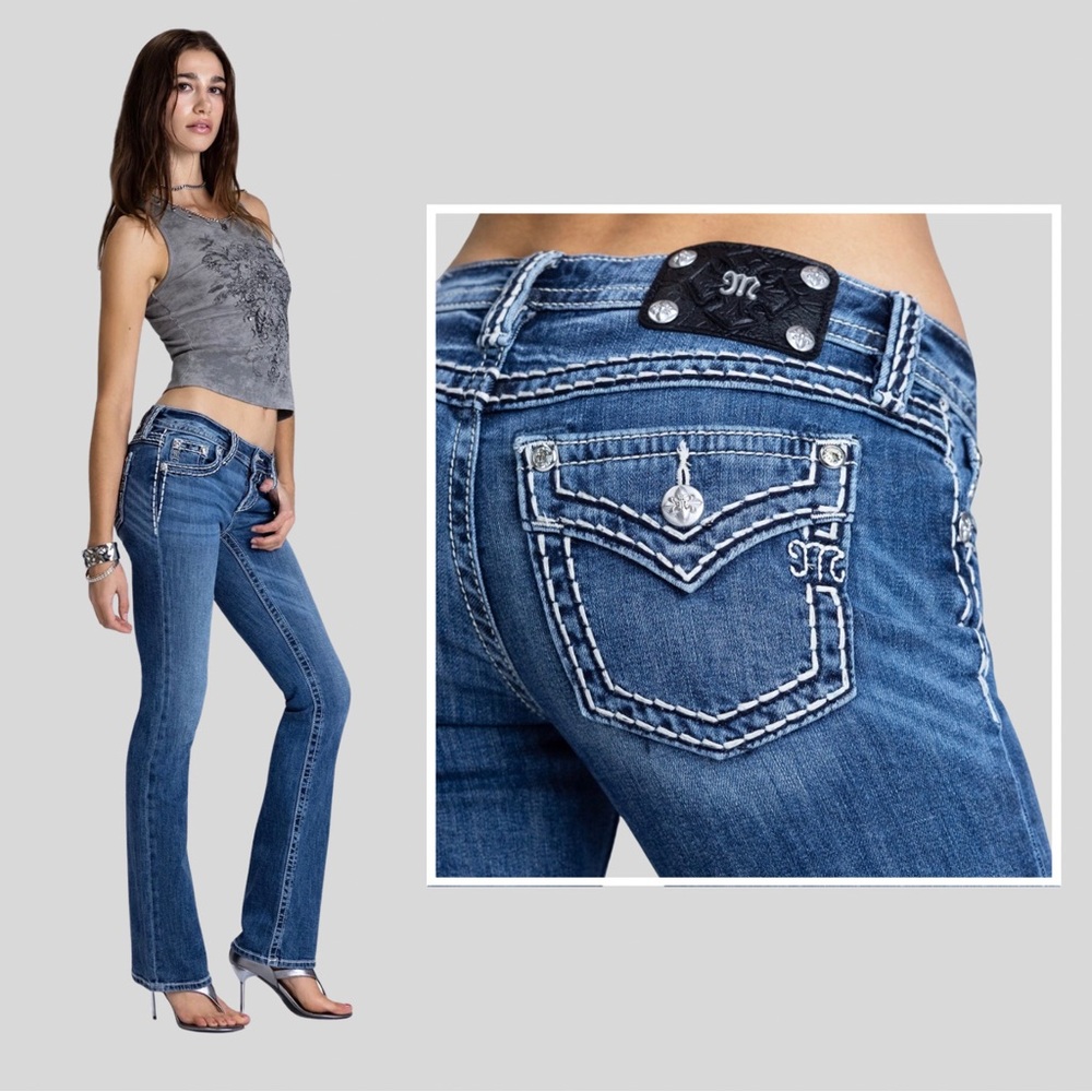 Miss Me Cleo Stitched Low Rise Bootcut Jeans 34 Y2K Western Bling Saddle Stitch